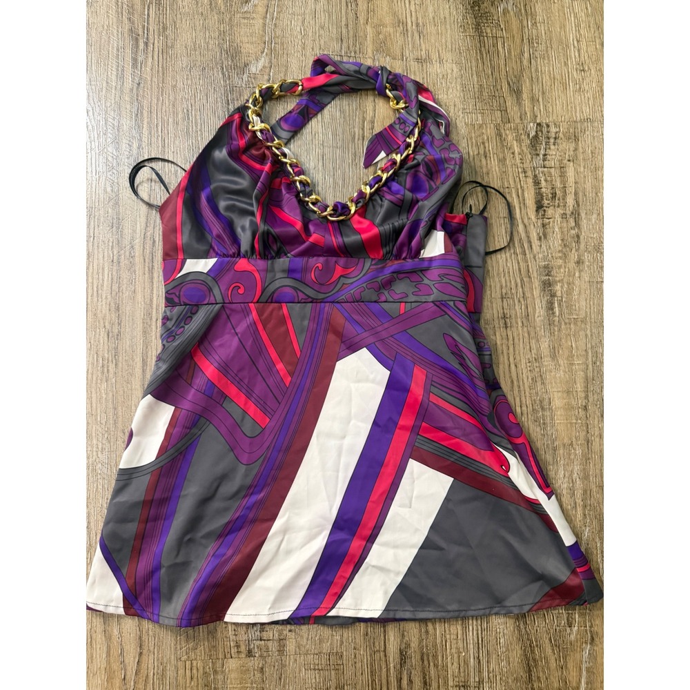 Guess Jeans Halter Top Purple Abstract Geometric Gold Chain Y2K Y8426900 Small